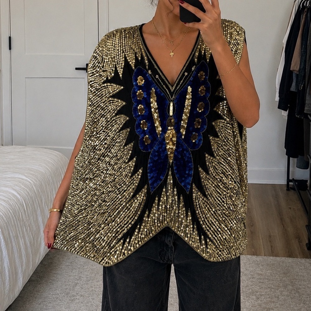 Vintage Silk Butterfly Sequin Beaded Batwing Top India One Size Boho glam - Picture 1 of 9